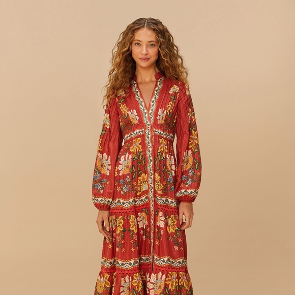 FARM Rio Dresses & Skirts - NWT Red Garden Delight Long Sleeve Midi Dress